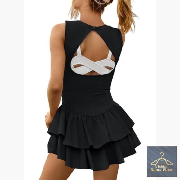 Backless Tennis Dress with Built-In Shorts, 4-Way Stretch Athletic Mini Dress - Picture 4 of 7
